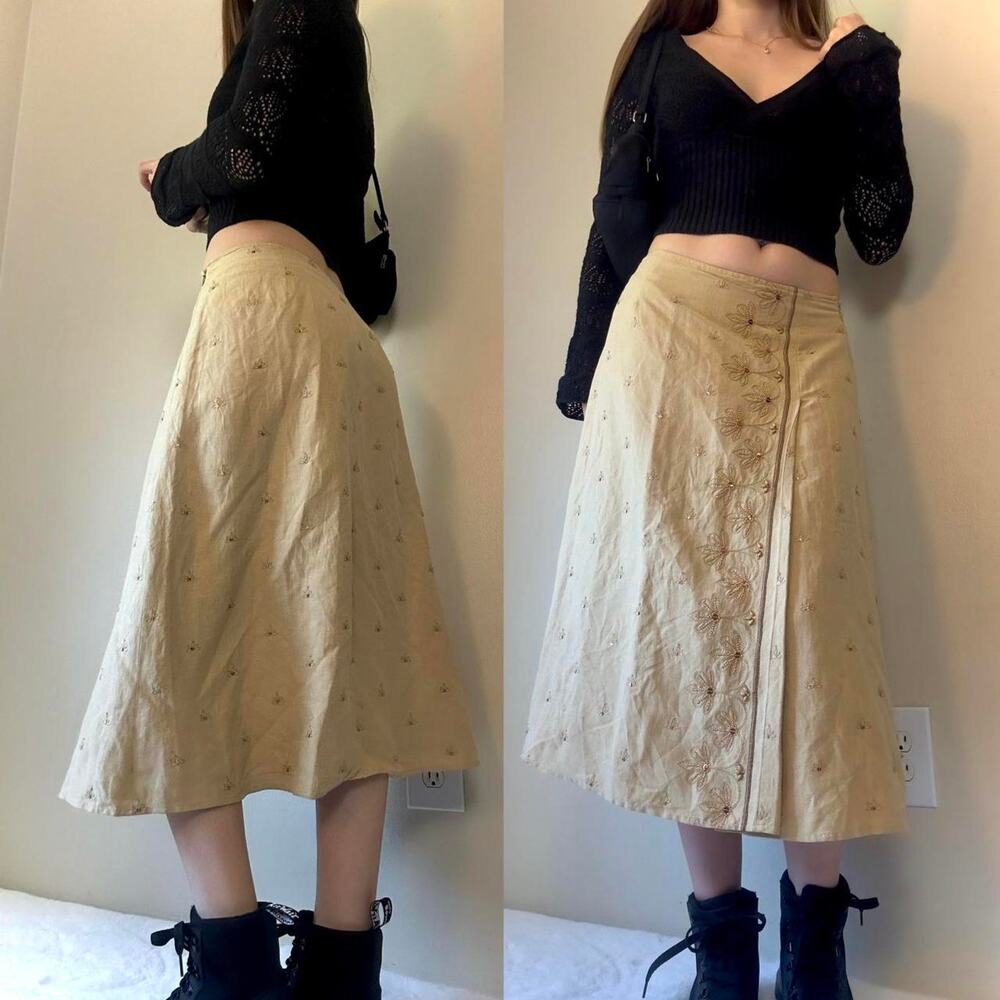 Beaded Silk Fairy Skirt Tan Boho Forest Floral Whimsical Midi Length - Size 8P